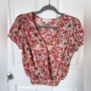 Floral Bronw and Pink Ruched Blouse with Relaxed Fit